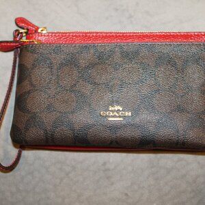 NWT Coach large Brown Red double zip Wristle wallet